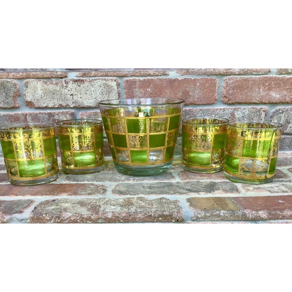 Vtg 60s Culver Prado Green & Gold 22 k Lowball Glasses (4) and Ice Bucket Set - Picture 6 of 11